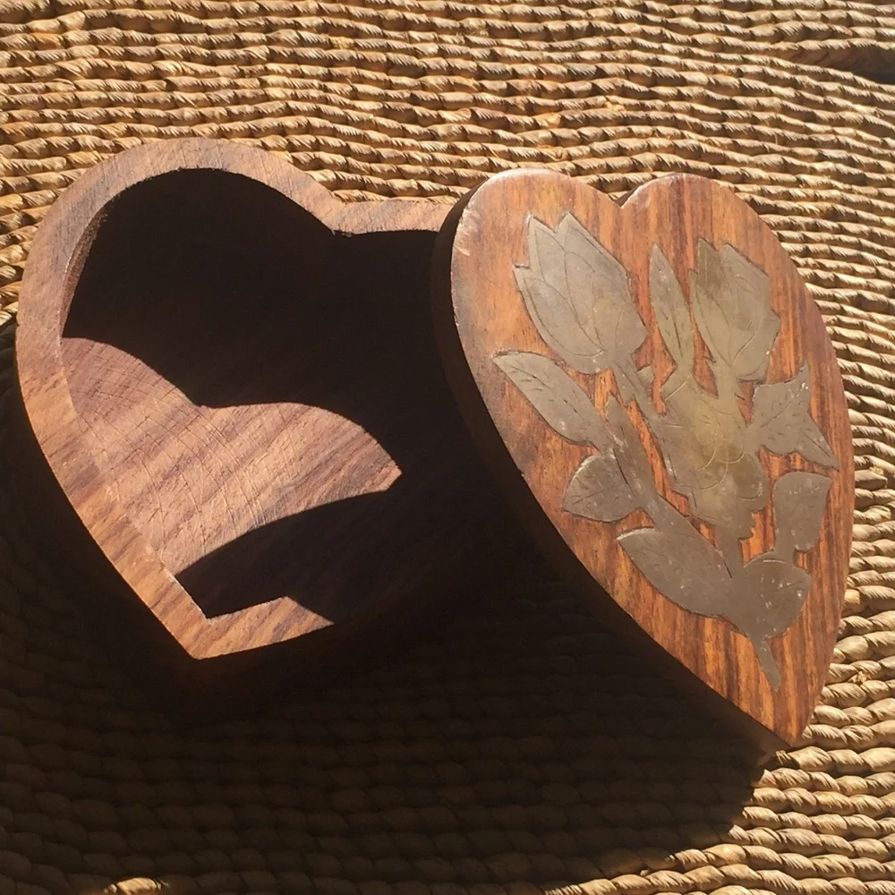 Brass and wood heart shaped trinket box